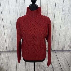 Carraig Donn Women's Large Red Merino Wool Chunky Cable Knit Turtleneck Sweater